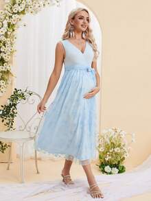 DEARCASE Vestido sem mangas elegante com estampa de flores para gestantes, ideal para o verão e maternidade - Baby Azul - Ver 4