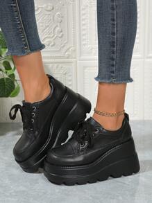 Women's New Breathable Mesh Lace-Up Wedge Sneakers With Thick Outsole, Outdoor Fashionable Casual Punk Shoes For Spring / Autumn 2024