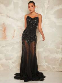 L'Amorae 女性鑽石鑲嵌網眼美人魚無背裝雞尾酒派對連衣裙 - 黑色 - 查看 2