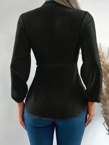 RueChic Notched Neck Drawstring Waist Blouse - Black - View 2