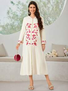 SHEIN 孕婦連帽花卉刺繡優雅長袖連衣裙 - 杏色 - 查看 5