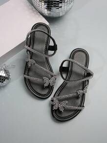 彩色水钻蝴蝶结两穿女士一脚蹬凉鞋，法式时尚，适合约会、聚会、派对、居家、休闲、户外夏/秋季 - 黑色 - 查看 6