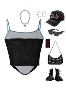 少女不对称拼布吊带背心 - 藍色 - 查看 2