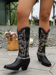 Botas estilo western con tacón grueso y bordado, con correa con cadena, para usar con suéter, botas vaqueras para mujer - Negro - Ver 6