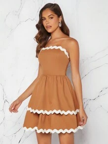 SHEIN Unity Women's Summer Color Block Ruched Strapless Dress With Waistband