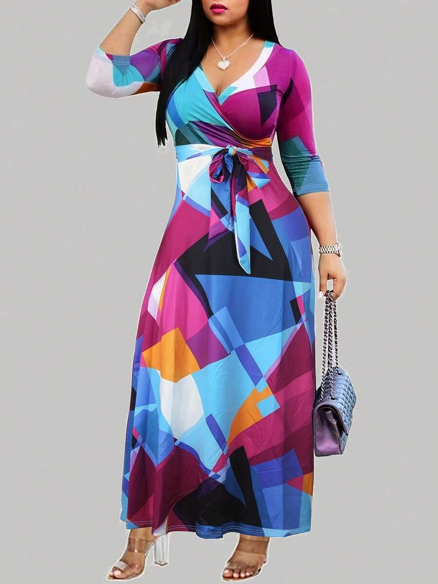 Đầm ngắn tay cổ chữ V thắt eo dành cho nữ, thích hợp cho mùa xuân/hè.