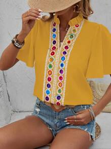 Breezaya Lace Patchwork V-Neck Short Sleeve Women's Blouse