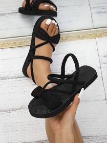 Sandalias planas negras con estilo tejido para mujer, zapatillas de playa casuales de mujer con suelas de yute sintético para el verano - Negro - Ver 1