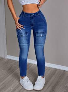 SHEIN EZwear 女裝工裝口袋牛仔休閒旅行褲 - 深色水洗藍 - 查看 5