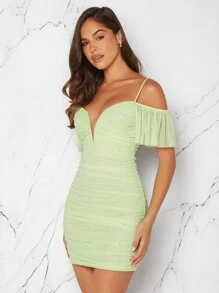 SHEIN Unity Faux Pearl Ruched Lace Up Back Dress - Green - View 3