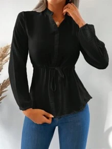 RueChic Notched Neck Drawstring Waist Blouse - Black - View 4
