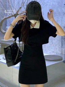 色塊修邊領口無袖夏季露背短裙 - 黑色 - 查看 1