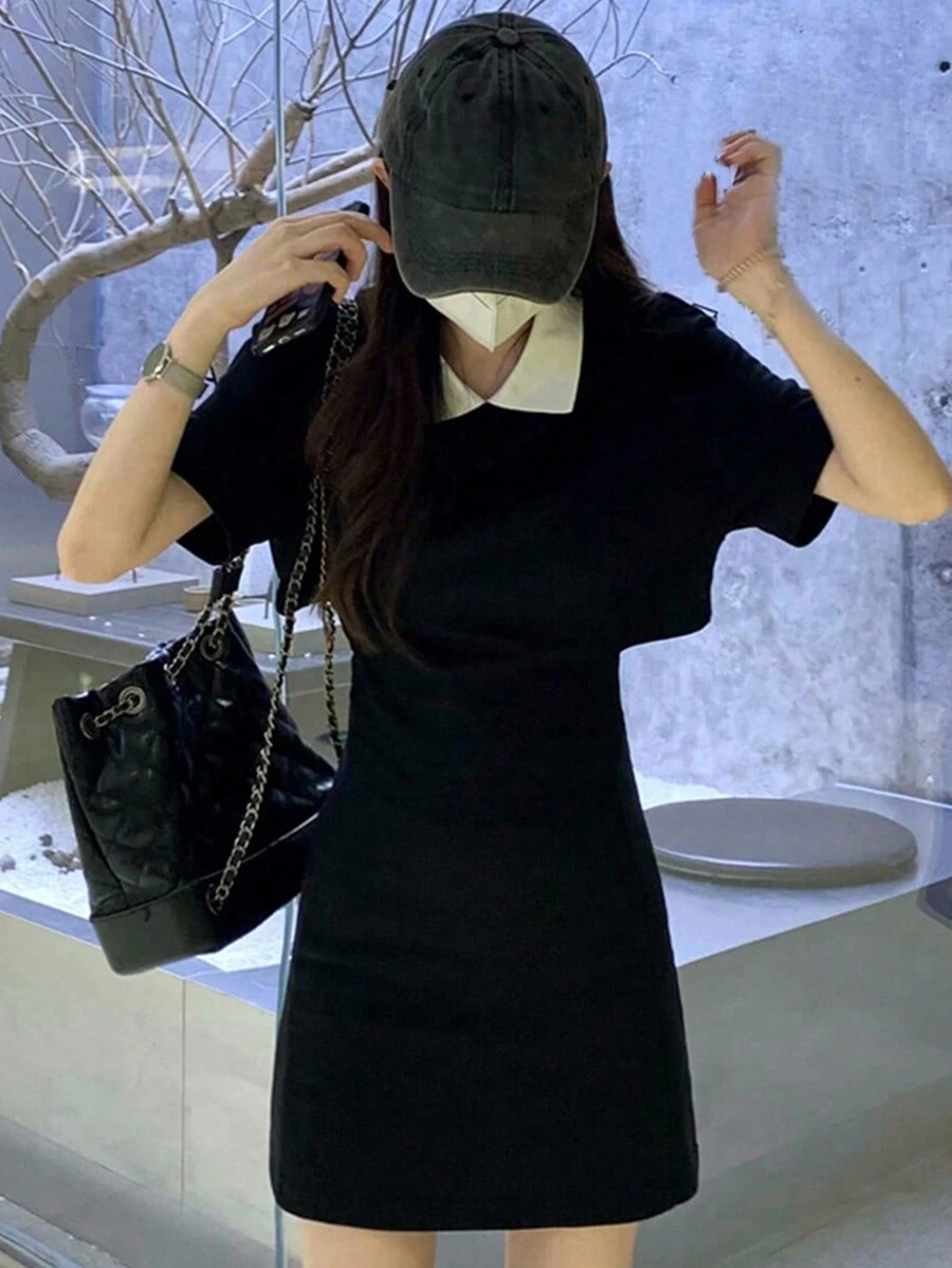 色塊修邊領口無袖夏季露背短裙 - 黑色 - 查看 1