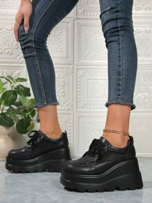 Women's New Breathable Mesh Lace-Up Wedge Sneakers With Thick Outsole, Outdoor Fashionable Casual Punk Shoes For Spring / Autumn 2024