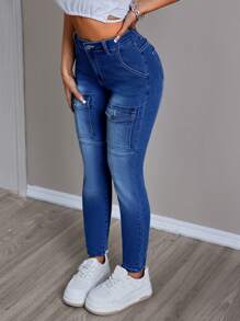 SHEIN EZwear 女裝工裝口袋牛仔休閒旅行褲 - 深色水洗藍 - 查看 1