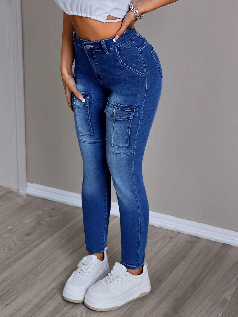 SHEIN EZwear 女裝工裝口袋牛仔休閒旅行褲 - 深色水洗藍 - 查看 1