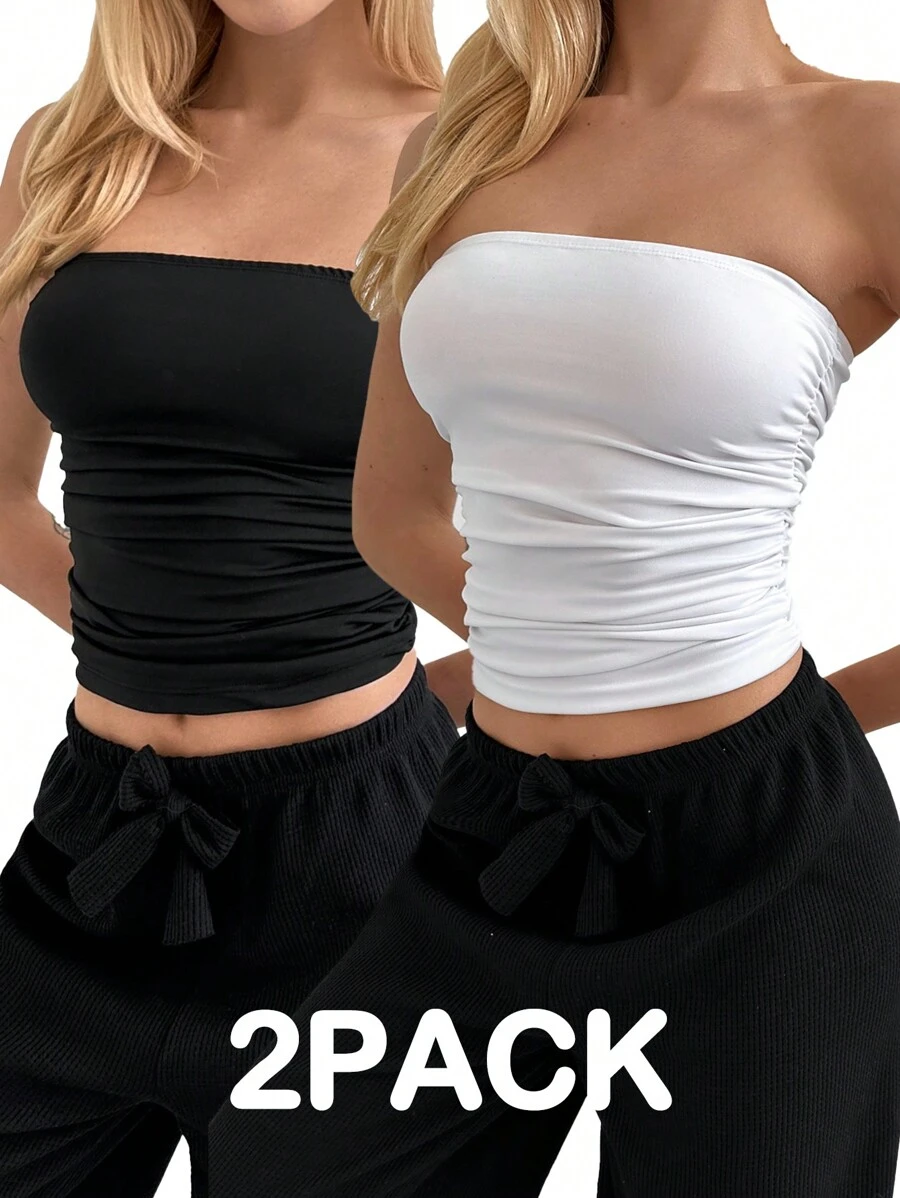 EURMUSE Women's Solid Color Pleated 2pcs Strapless Top - Black and White - View 1