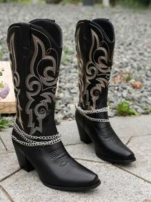 Botas estilo western con tacón grueso y bordado, con correa con cadena, para usar con suéter, botas vaqueras para mujer - Negro - Ver 2