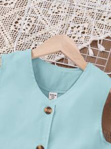 SHEIN Conjunto de 2 piezas de top con pliegues y falda elegante para niña preadolescente - Celeste - Ver 3