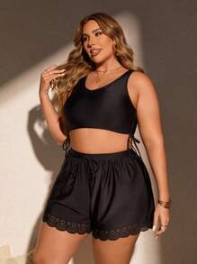 SHEIN Swim Curve Plus Size Women's Summer Beach Plain Side Tied Boxer Shorts Leisure Separated Bikini Set - Black - View 4