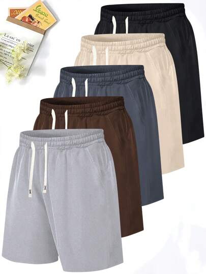 5pcs Men's Thin Sports Casual Shorts, Colorful Beach Shorts, Vintage Simple Solid Color Basic Style, Elastic Waistband With Drawstring & Pockets, Outdoor Activities, Summer, Knee-Length