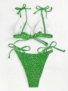 SHEIN Swim Ladies' Holiday Allover Print Halter Neck Bikini Set With T-Back Thong Bottom, Sexy Style,Summer Beach