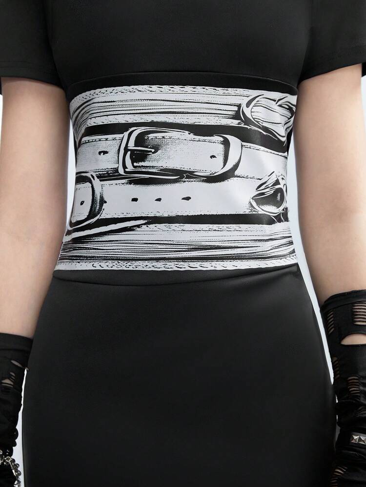Teen Girl 3D Belt Printed Black Short-Sleeved Casual Dress With Punk Style, Black