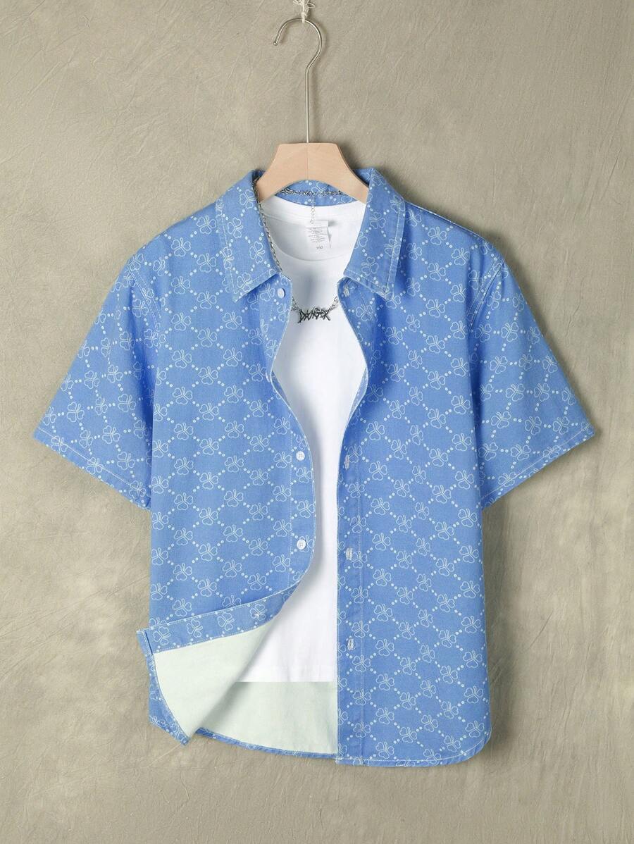 青少年男孩街頭酷炫四葉草花卉印花扣前牛仔襯衫，假日風格