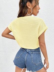 SHEIN EZwear 纯色圆领蝙蝠袖纹理T恤 - 黃色 - 查看 2