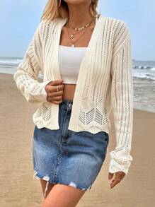 Solid Open Knit Kimono, For Summer Beach Vacation