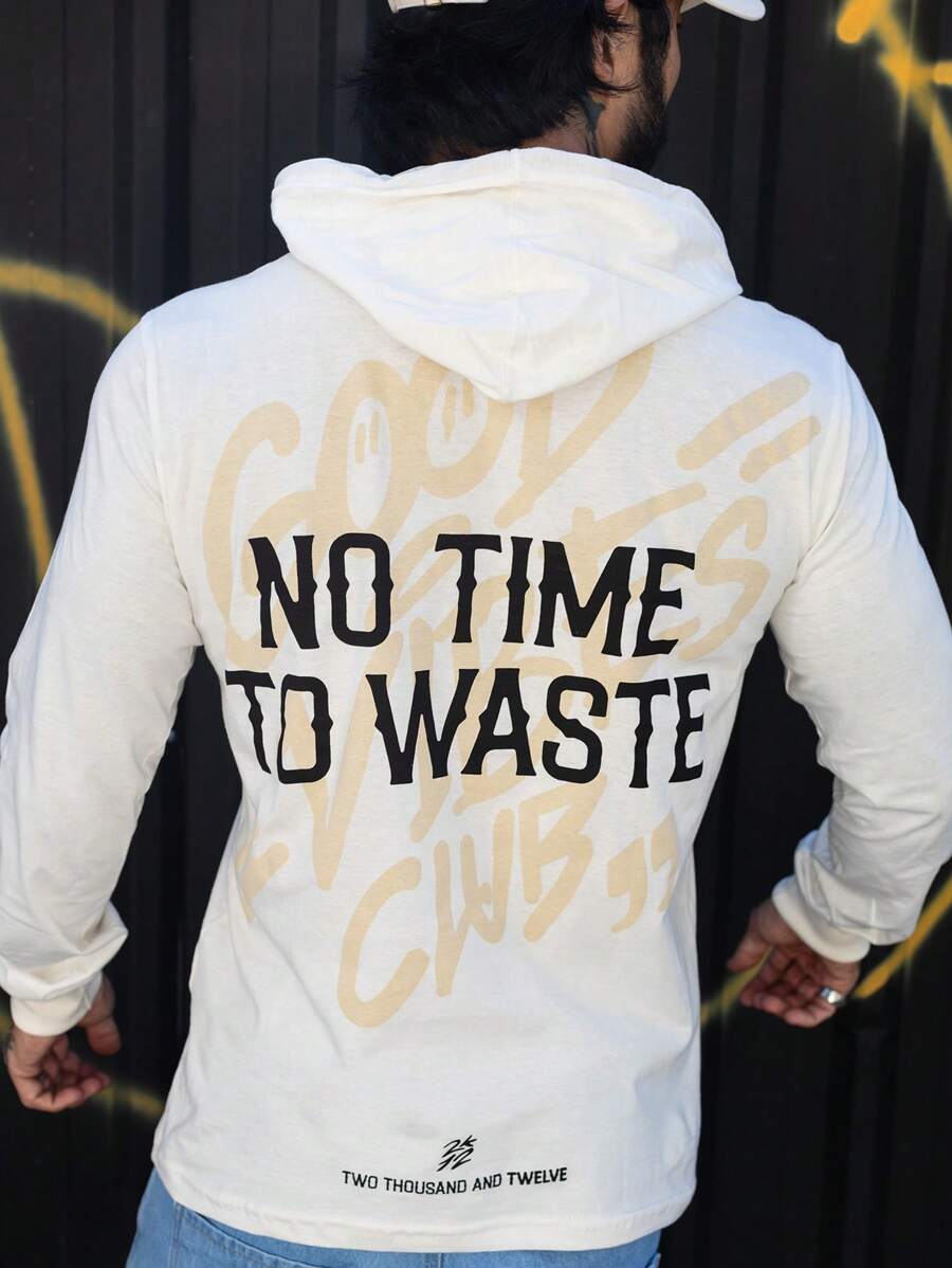 Áo thun có mũ trùm đầu có dây rút in hình khẩu hiệu dành cho nam - trắng - Xem 1