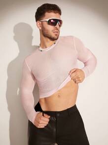 FeverCity Jersey transparente de manga larga y cuello redondo de unicolor para hombre, primavera/verano