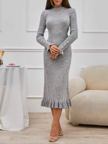 RueChic Pleated Dress With Gold Button Detail Elagant - Grey - View 1