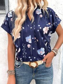 EMERY ROSE Cổ áo có nút phía trước in hoa Áo kiểu dáng rộng vừa vặn cho mùa hè - Màu xanh hải quân - Xem 1