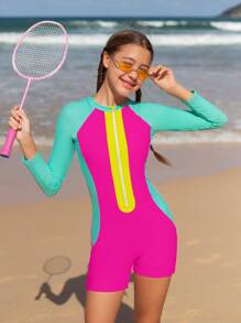 Teen Girls' Color Block Zip Front One-Piece Swimsuit - Multicolor - View 5