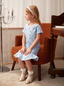 SHEIN Kleine Mädchen urban elegantes blaues Kleid mit Peter Pan Kragen, Spitze und kurzen Ärmeln für den Sommer