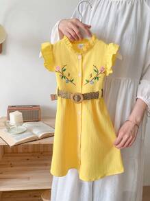 SHEIN Vestido bonito de vacaciones con estilo Mori, con bordado de flores 3D y mangas cortas, para niñas, apto para vacaciones, verano y viajes - Amarillo - Ver 1