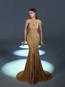 Elisanya Vestido de noche asimétrico elegante y glamoroso con lentejuelas - Perfecto para eventos en la alfombra roja, bodas de lujo, inauguraciones de galerías de arte y fiestas de la moda de medianoche. Vestido de fiesta, vestido de invitada de boda, vestido formal, vestido de noche. - Champán - Ver 3