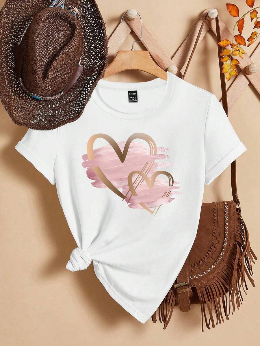 Women's Pink Heart Pattern Round Neck Short Sleeve T-Shirt Graphic Tees Women Tops - White - View 1