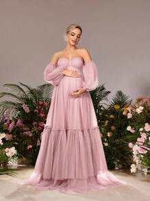 Faeriesty Dressalisa Maternity Off Shoulder Ruffled Mesh Formal Prom Dress - Pink - View 3