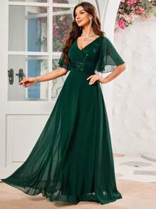 V 领亮片缀饰雪纺新娘母亲优雅连衣裙 - 墨綠色 - 查看 4