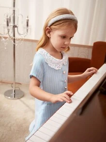SHEIN Kleine Mädchen urban elegantes blaues Kleid mit Peter Pan Kragen, Spitze und kurzen Ärmeln für den Sommer