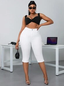 SHEIN SXY Plus Size Solid Color Buttoned Slit Stretchy Capri Jeans With Pockets - White - View 6