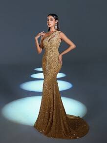 Elisanya Vestido de noche asimétrico elegante y glamoroso con lentejuelas - Perfecto para eventos en la alfombra roja, bodas de lujo, inauguraciones de galerías de arte y fiestas de la moda de medianoche. Vestido de fiesta, vestido de invitada de boda, vestido formal, vestido de noche. - Champán - Ver 5