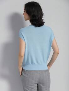Plain Round Neck Short Sleeve Casual Knit Top, Summer - Baby Blue - View 2