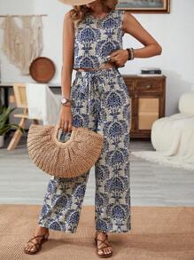 Breezaya 復古印花無袖圓領上衣和寬鬆彈性腰帶褲，2入組夏日度假套裝 - 藏蓝色 - 查看 5