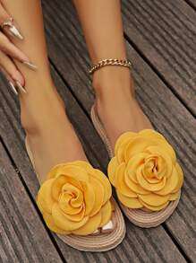 Women's Solid Color Elegant Sandals, Crisscross Straps Elastic Lightweight Flat Shoes, Yellow Flower Casual Beach Shoes - Yellow - View 4