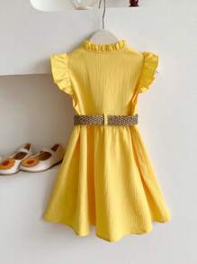 SHEIN Vestido bonito de vacaciones con estilo Mori, con bordado de flores 3D y mangas cortas, para niñas, apto para vacaciones, verano y viajes - Amarillo - Ver 2