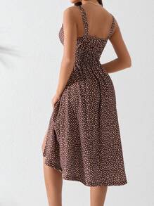 EURMUSE Women Polka Dot Striped Half Slit Detailed Long Dress - Brown - View 2