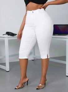 SHEIN SXY Plus Size Solid Color Buttoned Slit Stretchy Capri Jeans With Pockets - White - View 1